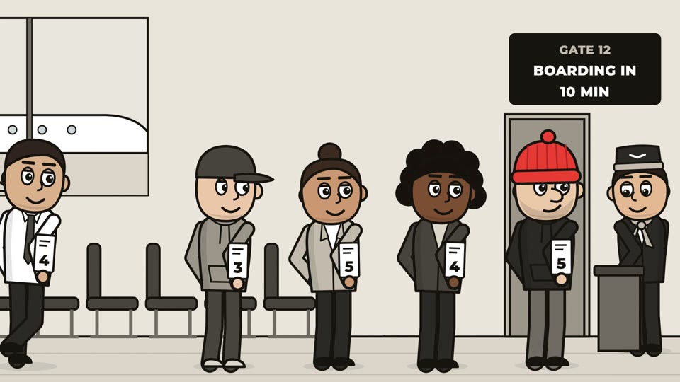 Animated still: passengers crowd a closed boarding gate while the board says boarding in ten minutes