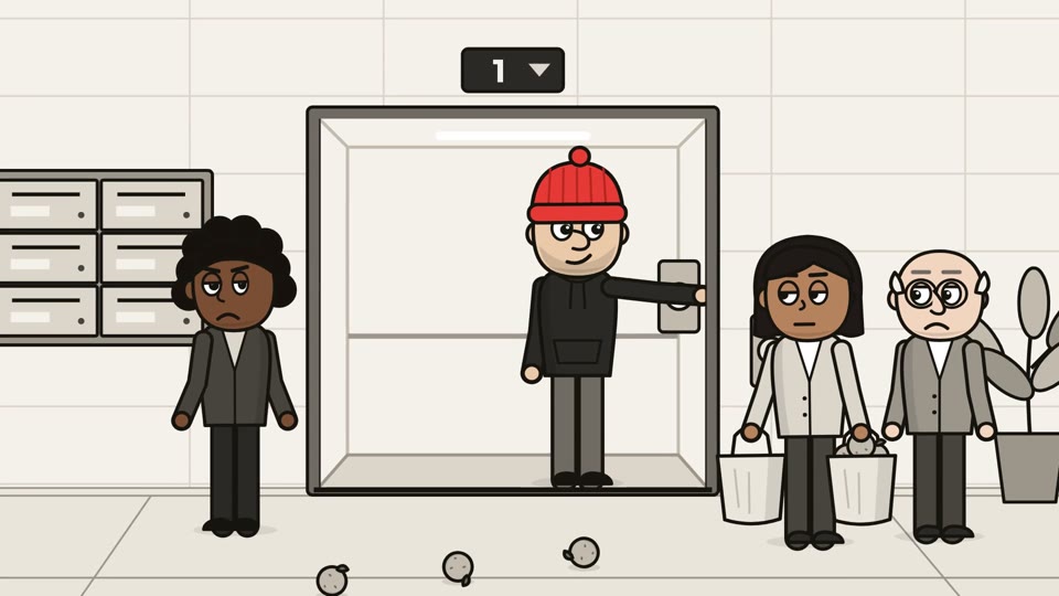 Animated still: someone steps into a lift while others wait to get out