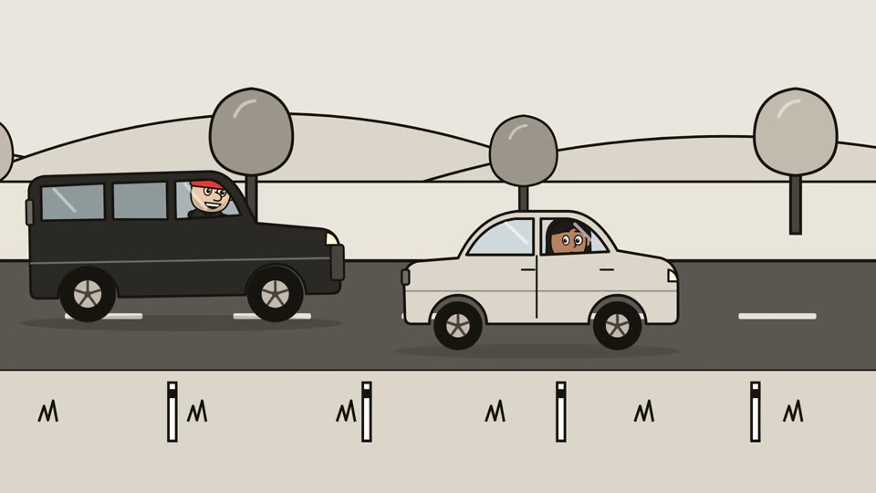Animated still: a black SUV sits on the bumper of a small white car